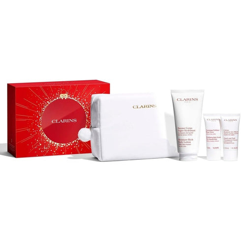 Clarins Body Care Set: Rich Body Lotion 200ml + Hand and Nail Treatment Cream 30ml + Body Scrub 30ml