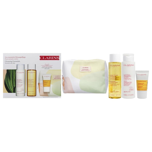 Clarins Cleansing Essentials Gift Set - Dry/Normal Skin 200ml Velvet Cleansing Milk + 200ml Hydrating Toning Lotion + 15ml Comfort Scrub Nourishing Oil Scrub + Pouch