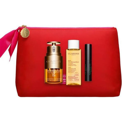 Clarins Double Serum Gift Set 20ml Double Serum + 50ml Total Cleansing Oil + 3ml Supra Lift & Curl Mascara + Pouch