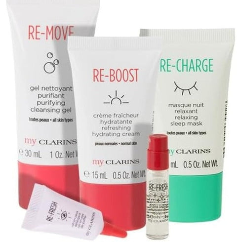 Clarins Grab And Go Set 30ml Cleansing Gel + 15ml Reboost Cream + 15ml Recharge Mask + 3ml Eye Treatment