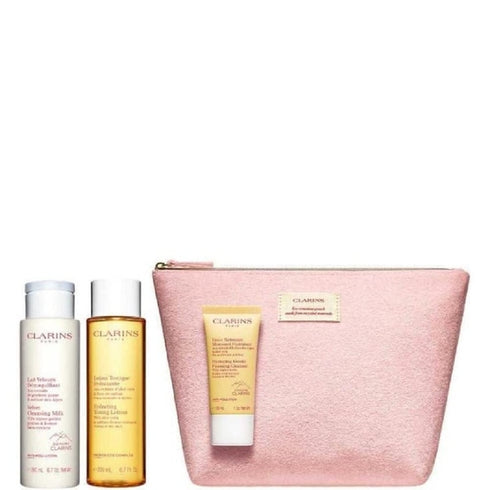 Clarins Perfect Cleansing Kit for Normal to Dry Skin Gift Set 200ml Velvet Cleansing Milk + 200ml Hydrating Toning Lotion + 30ml Gentle Foaming Cleanser + Bag
