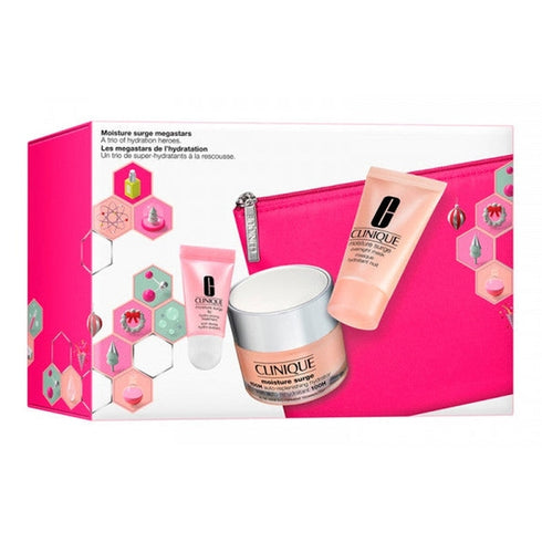 Clinique Moisture Surge Megastars Gift Set 50ml 100H Auto-Replenishing Hydrator + 30ml Overnight Mask + 7ml Lip Hydro-Plump Treatment + Bag