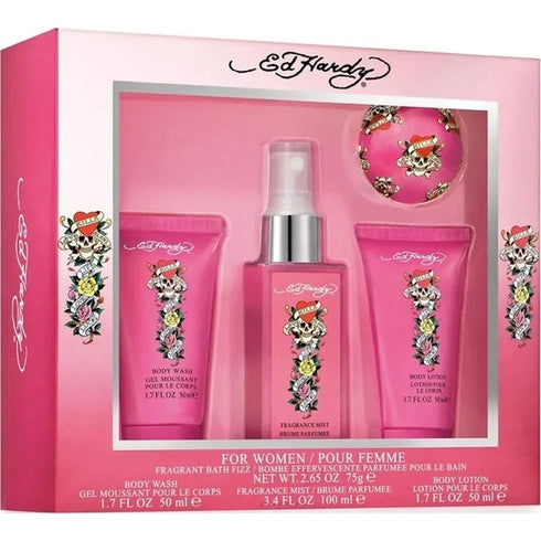 Ed Hardy Women Gift Set 100ml Body Mist + 50ml Body Wash + 50ml Body Lotion + 75g Bath Fizz