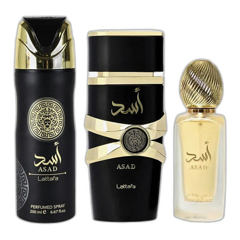 Lattafa Perfumes Asad Gift Set 100ml EDP + 200ml Perfume Spray + 300ml Air Freshener