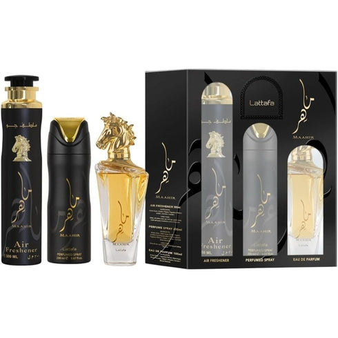 Lattafa Perfumes Maahir Gift Set 100ml EDP + 200ml Perfumed Body Spray + 300ml Air Freshener