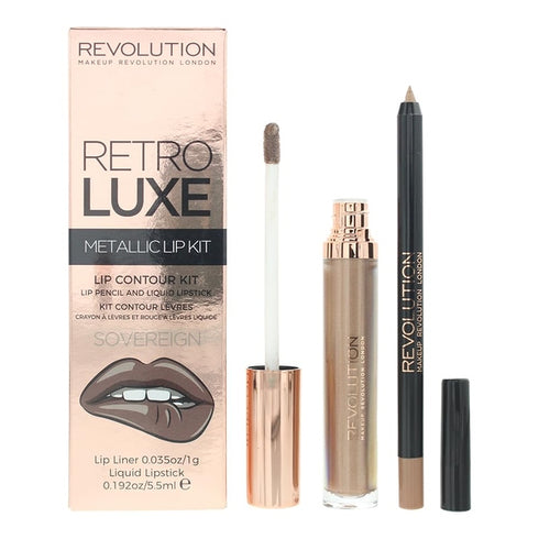 Makeup Revolution Retro Luxe Metallic Lip Kit 1g Lip Pencil + 5.5ml Liquid Lipstick - Sovereign