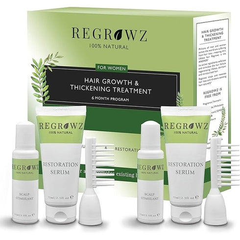 Regrowz Hair Regrowth & Thickening 6 Month Treatment Program For Women 2 x 75ml Scalp Stimulant + 2 x 75ml Restoration Serum