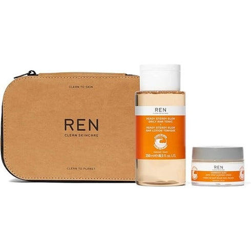 Ren All Is Bright Gift Set 250ml Tonic + 50ml Cream (This giftset contains:
1x 250ml Ready Steady Glow Daily AHA Tonic
1x 50ml Overnight Glow Dark Spot Sleeping Cream)