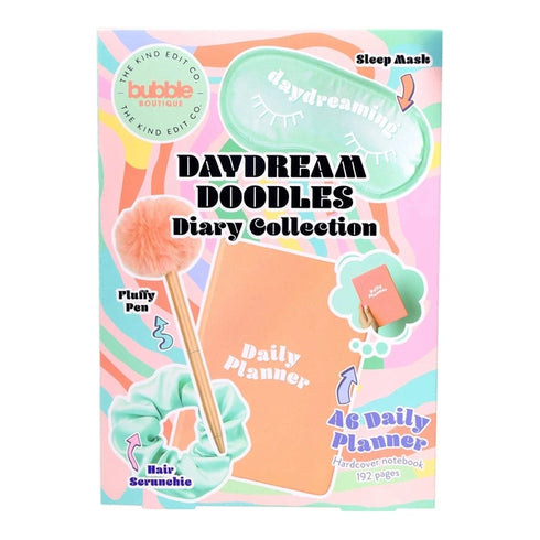 The Kind Edit Co. Bubble Boutique Daydream Doodles Diary Collection Gift Set 1 Notebook + 1 Fluffy Pen + 1 Eye Mask + 1 Satin Scrunchie