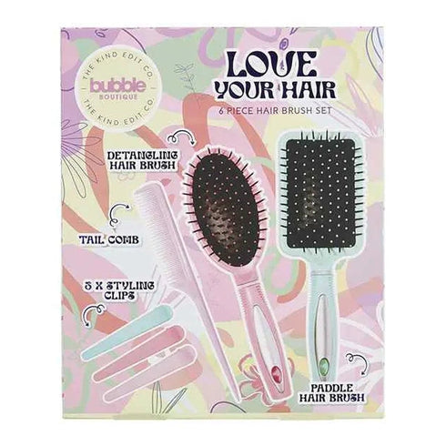 The Kind Edit Co. Bubble Boutique Love Your Hair Hair Brush Gift Set Paddle Hair Brush + Detangling Hair Brush + Tail Comb + 3 x Styling Clips
