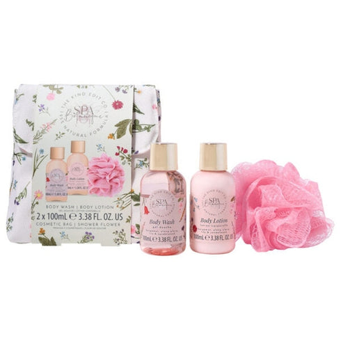 The Kind Edit Co. Spa Botanique Mini Shower Gift Set 100ml Body Wash + 100ml Body Lotion + Shower Flower + Bag