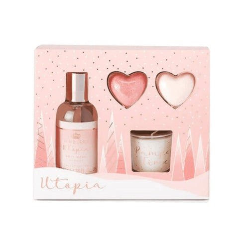The Kind Edit Co. Utopia Relax & Bathe Gift Set 100ml Body Wash + 30g Candle + 2 x 20g Bath Fizzer