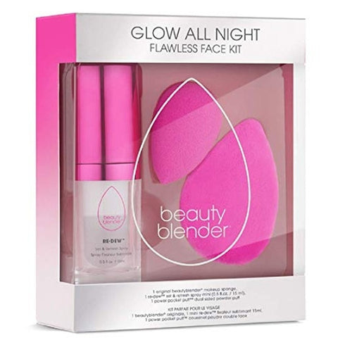 Beautyblender Glow All Night Flawless Face Kit 1x Original Beautyblender Make-Up Songe + 15ml Re-Dew Set & Refresh Spray Mini + 1x Powder Pocked Puff Dual Sided Powder Puff