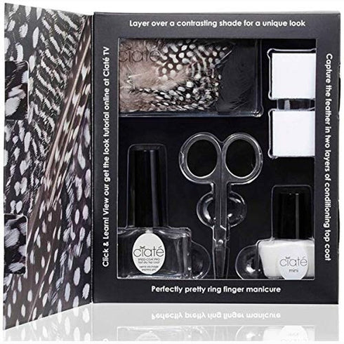Ciate Feathered Manicure What A Hoot Gift Set 13.5ml Fast Dry Top Coat Speed Coat Pro 014 + 5ml Mini Nail Polish - Snow Virgin 001 + Scissors + Nail File Block + Feathers