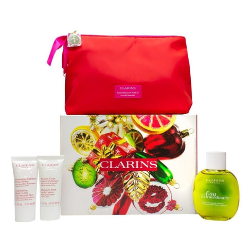 Clarins Eau Extraordinaire Gift Set 100ml Eau Extraordinaire + 30ml Moisture Rich Body Lotion + 30ml Exfoliating Body Scrub + Pouch