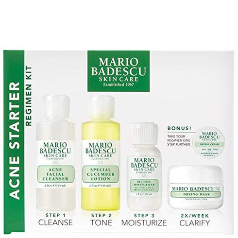 Mario Badescu Acne Starter Gift Set 59ml Acne Facial Cleanser + 59ml Special Cucumber Lotion + 29ml Oil-Free Moisturizer + 14g Drying Mask