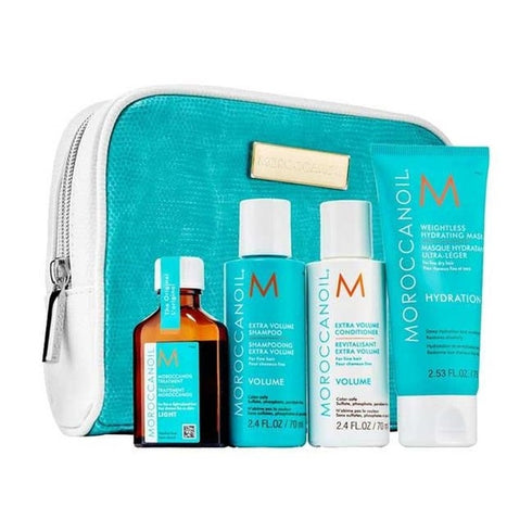Moroccanoil Gift Set 25ml Hair Oil Treatment + 70ml Volumizing Shampoo + 70ml Volumizing Conditioner + 75ml Hair Mask + Pouch