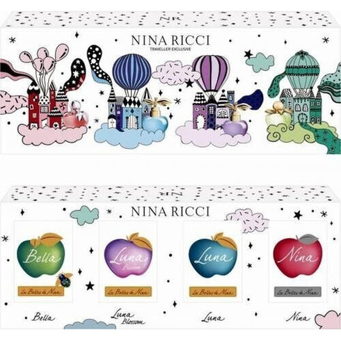 Nina Ricci Traveller Exclusive Miniature Gift Set 4 x 4ml EDT (In this set:
1x 4ml Bella EDT
1x 4ml Luna Blossom EDT
1x 4ml Luna EDT
1x 4ml Nina EDT)