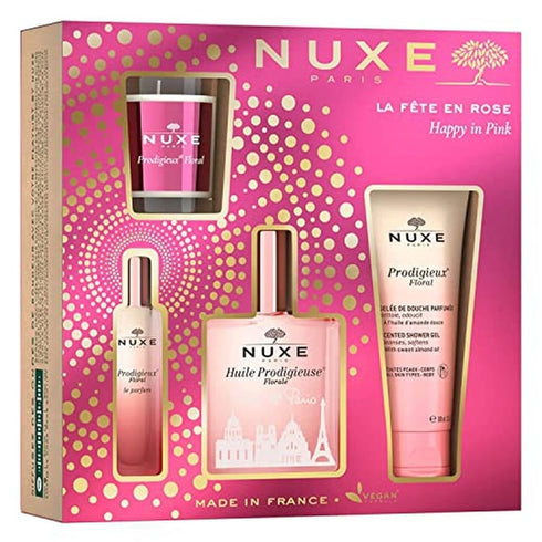 Nuxe Happy In Pink Gift Set 100ml Huile Prodigieuse Florale + 15ml Prodigieux Floral Le Parfum + 100ml Prodigieux Floral Shower Gel + 70g Prodigieux Floral Candle
