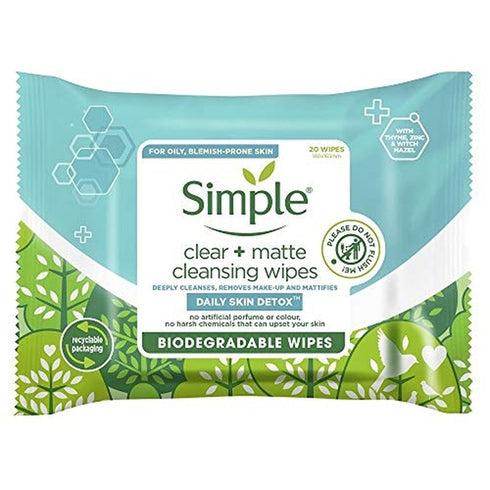 Simple Clear & Matte Biodegradable Cleansing Wipes - 20 Wipes
