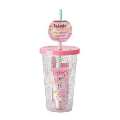 Style & Grace Bubble Boutique Travel Cup Gift Set 30ml Hand Lotion + 8ml Lip Gloss - Vanilla + Nail File + Drinking Cup With Straw