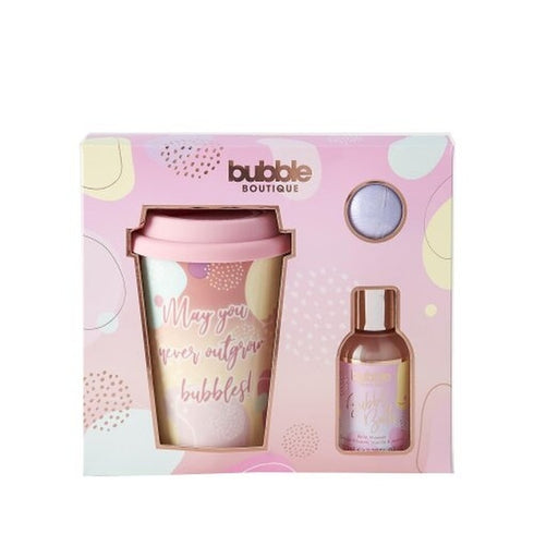 Style & Grace Bubble Boutique Travel Mug Gift Set Eco Packaging 100ml Bubble Bath + 50g Bath Fizzer + Travel Mug