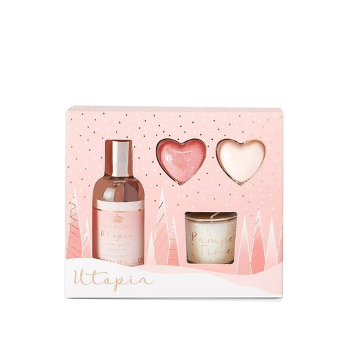 Style & Grace Utopia Relax and Bathe Gift Set 100ml Body Wash + 2 x 20g Heart Bath Fizzer + 30g Candle