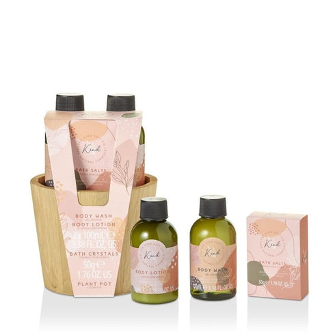 The Kind Edit Co. Kind Pamper Plant Pot Gift Set 100ml Body Wash + 100ml Body Lotion + 50g Bath Crystals + Wooden Plant Pot