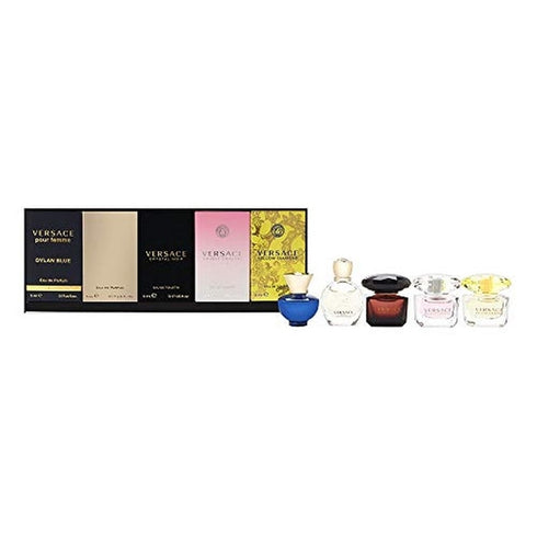 Versace Miniatures For Her Gift Set 5ml Pour Femme Dylan Blue EDP + 5ml Eros pour Femme EDP + 5ml Crystal Noir EDT + 5ml Bright Crystal EDT + 5ml Yellow Diamond EDT